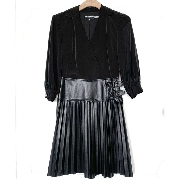 Karl Lagerfeld Women's Faux Leather Pleated Black Mini Dress Size: 2 - NWT - Picture 1 of 7